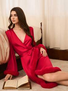 Moireta 成熟优雅的法式缎面女士睡袍，红色睡衣，红色长袍，红色睡袍，冬季 - 酒紅色 - 查看 4