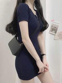 DAZY 女士纯色修身短款连衣裙夏季太阳裙，休闲女装 - 藏蓝色 - 查看 5