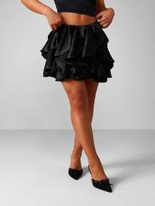 MISSGUIDED Christmas High Shine Satin Ruffle Mini Skirt For Party Evening Club Night Out Special Occasion - Black - View 4
