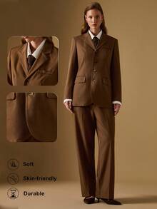 Briarwyn Damen Einfarbiger Kragen Langarm Einreihiger Brauner Blazer und Hose Lässig Pendler Anzug, Herbst Outfits für Frauen, Winterkleidung, Old Money Stil für Frauen - Khaki - Übersicht 1
