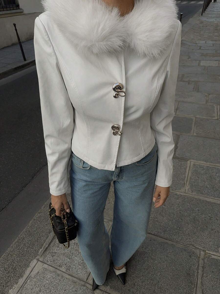 Siren Gaze Jaqueta feminina casual com patchwork e detalhes felpudos, ideal para outono e inverno, perfeita para o Ano Novo.