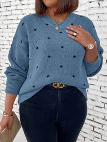 EMERY ROSE Plus Size Women Polka Dot Pattern Drop Shoulder Long Sleeve Casual Pullover Sweater, Autumn/Winter - Multicolor - View 1