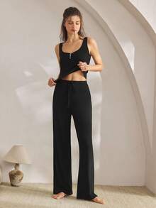 Ocili Comfortable Minimalist Sleeveless Pants Shell Button Pajama Set, Baby Pink Women Loungewear - Black - View 4