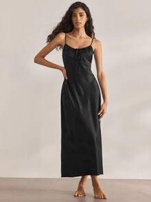 Ocili Satin Jacquard Comfortable Minimalist Slip Dress For Women, Chic Autumn Easy Comfort Autumn Slumber - Black - View 5