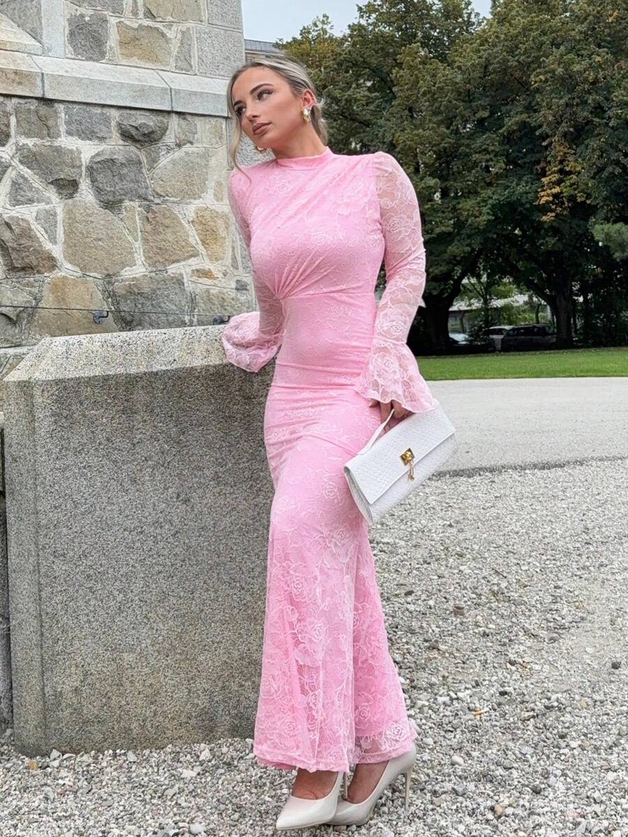 Jeta Ari Vestido de sirena blanco de cintura alta con mangas abullonadas de encaje, elegante y romántico para fiesta de boda, vacaciones, primavera/verano - Rosa - Ver 1