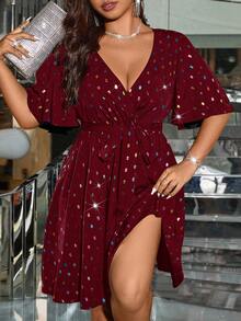 SHEIN Clasi Plus Size Women Laser Sequin Waist Flattering Elegant Light Cocktail Dress - Burgundy - View 3