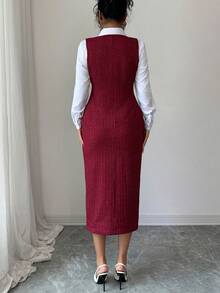 Elenzga Elegant French Style Stretchy Silver Thread Tweed Burgundy High-End Design Sense Square Collar Fitted Slim Waist Pearl Button Sleeveless Bodycon Dress, Versatile For Holidays, Independence Day - Burgundy - View 6