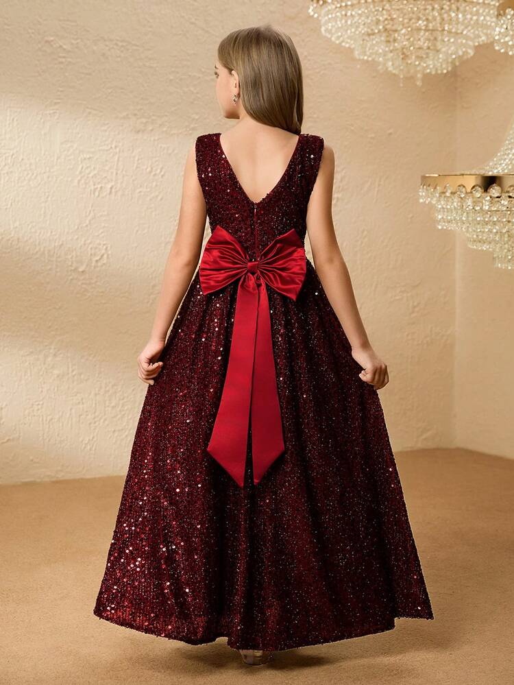 Girls Glittering Sequin Dress, Formal Evening Party Dress, Children's Birthday Party Outfit, Christmas Wine Red Dress - Burgundy - View 2