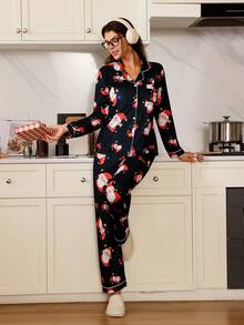 圣诞老人卡通印花长袖上衣和裤子睡衣套装，女士秋冬服装，圣诞节 - 黑色 - 查看 5