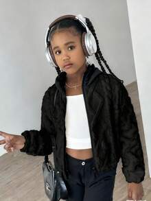 Tween Girls' White Turtleneck Geometric Fleece Casual Jacket - Black - View 3
