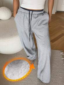 DAZY 女士格子拼接抽绳腰宽松保暖休闲裤，冬季款 - 灰色 - 查看 3