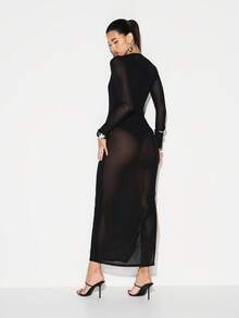 KIZN 深 V 领网眼超长连衣裙长袖紧身晚会正式礼服侧开衩 - 黑色 - 查看 2