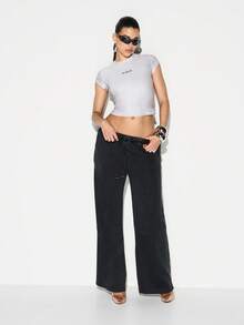 KIZN Pantalones jogger de pierna ancha lavados para mujer, pantalones de chándal casuales con cordón, ajuste relajado, pantalones de estar en casa - Gris - Ver 3