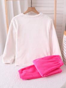 SHEIN Girls' White Plush Violet Tulip Embroidered Bow Blouse, Minimalist Fuchsia Plush Pants, 2 Pieces Sleepwear Set, Suitable For Home & Sleep - Hot Pink - View 2