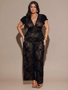 SHEIN BAE 加大码女式优雅大号花卉网眼印花紧身 V 领连衣裙，长款，合身，修饰手臂，适合日常、外出、约会、下午茶、度假、春夏季、返校季女式连体裤优雅女式正式、女式生日连体裤、连体裤 - 黑色 - 查看 6