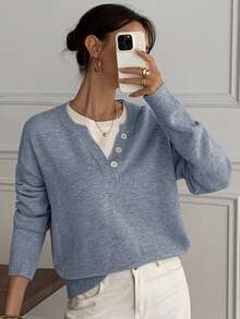 DAZY Áo chui đầu cổ Henley phối màu đơn giản, áo len dệt kim mềm mại 2 trong 1 dành cho nữ - Màu xanh lam - Xem 2