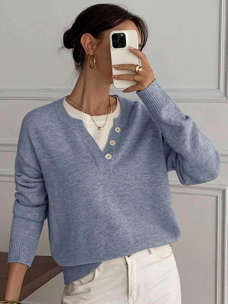 Casual Color Block Henley Neck Pullover, Soft Knit 2 In 1 Sweater For Women