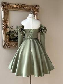 Lovelzi Elegant Stereo Floral Off-Shoulder A-Line Long Sleeve Dress, Wedding Guest Dress, Suitable For Evening Party, Gala, Ball, Prom Dress - Green - View 2