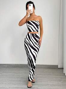 SHEIN SXY 2pcs Women Summer Fashionable Zebra Print Tube Top And Bodycon Skirt Set - Black and White - View 7