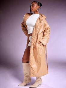 Denimoi 超大风帽束带羽绒裹身大衣 - 卡其色 - 查看 5