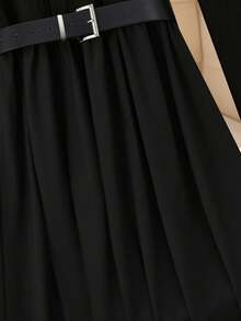 SHEIN Franclia Elegant Black And White Patchwork Women's Dress,Autumn Office Long-Sleeved V-Neck A-Line Belted Fitted Waist Outfit For Thanksgiving & New Year's Eve - Black and White - View 6