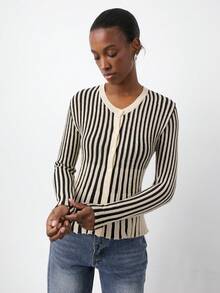 Maija Women's Casual Striped Button-Up Long Sleeve Sweater, Autumn/Winter - Apricot - View 4