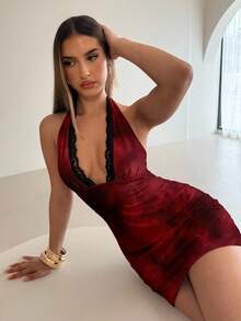 Aloruh 蕾丝吊带女式优雅性感扎染勃艮第红紧身迷你连衣裙，适合秋冬季 - 酒紅色 - 查看 8