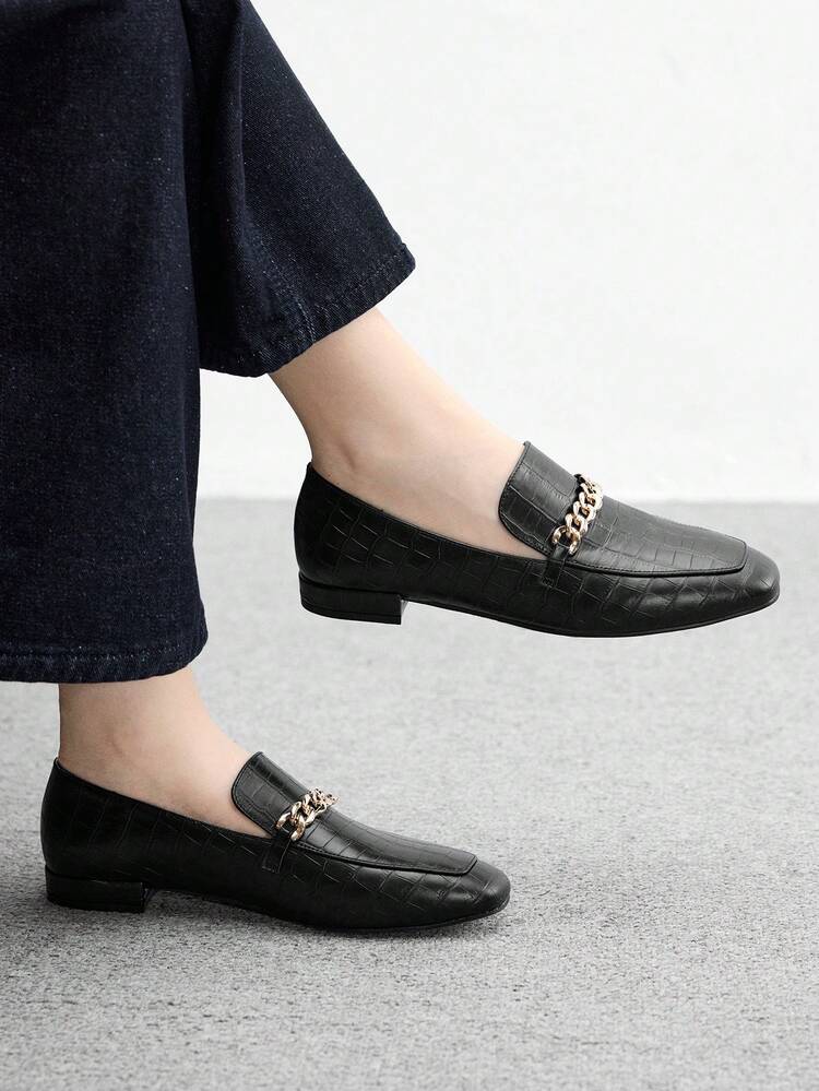 CUCCOO BIZCHIC Women's Square Toe Flat Low Heel New Style Black Embossed Comfortable Versatile Slip-On Loafers, Black Casual Flat Shoes, Lightweight For Commuting