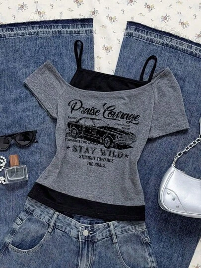 Attitoon Women's Casual Vintage Color-Block 2 In 1 Short Sleeve T-Shirt With Vintage Vehicle Graphic, Y2K Style, Streetwear, Vintage, Back To School, Retro, Fall Women's Clothing, Vacation, Casual Outfits, Autumn And Winter, Hip-Hop, Core Aesthetic Style, Gothic, Cybersigilism, Gyaru