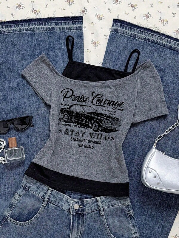 Attitoon Women's Casual Vintage Color-Block 2 In 1 Short Sleeve T-Shirt With Vintage Vehicle Graphic, Y2K Style, Streetwear, Vintage, Back To School, Retro, Fall Women's Clothing, Vacation, Casual Outfits, Autumn And Winter, Hip-Hop, Core Aesthetic Style, Gothic, Cybersigilism, Gyaru