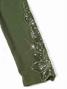 SHEIN Clasi 女式优雅罗纹修身T恤，领口和袖口饰有蕾丝花边 - 軍綠色 - 查看 10