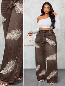 Slaydiva 大码女式高腰羽毛图案口袋阔腿宽松休闲牛仔裤 - 咖啡棕 - 查看 1