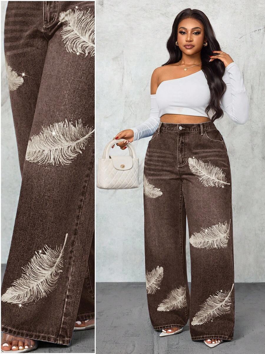 Slaydiva 大码女式高腰羽毛图案口袋阔腿宽松休闲牛仔裤 - 咖啡棕 - 查看 1