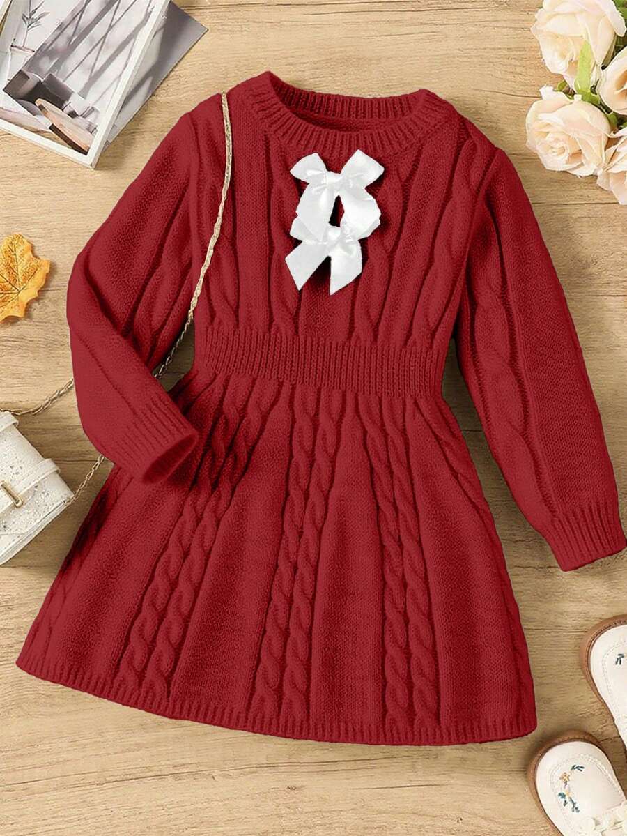 SHEIN Elladie kids 秋冬女童复古粗针织圆领腰部 A 字蝴蝶装饰长袖毛衣裙，适合户外休闲穿着 - 紅色 - 查看 1