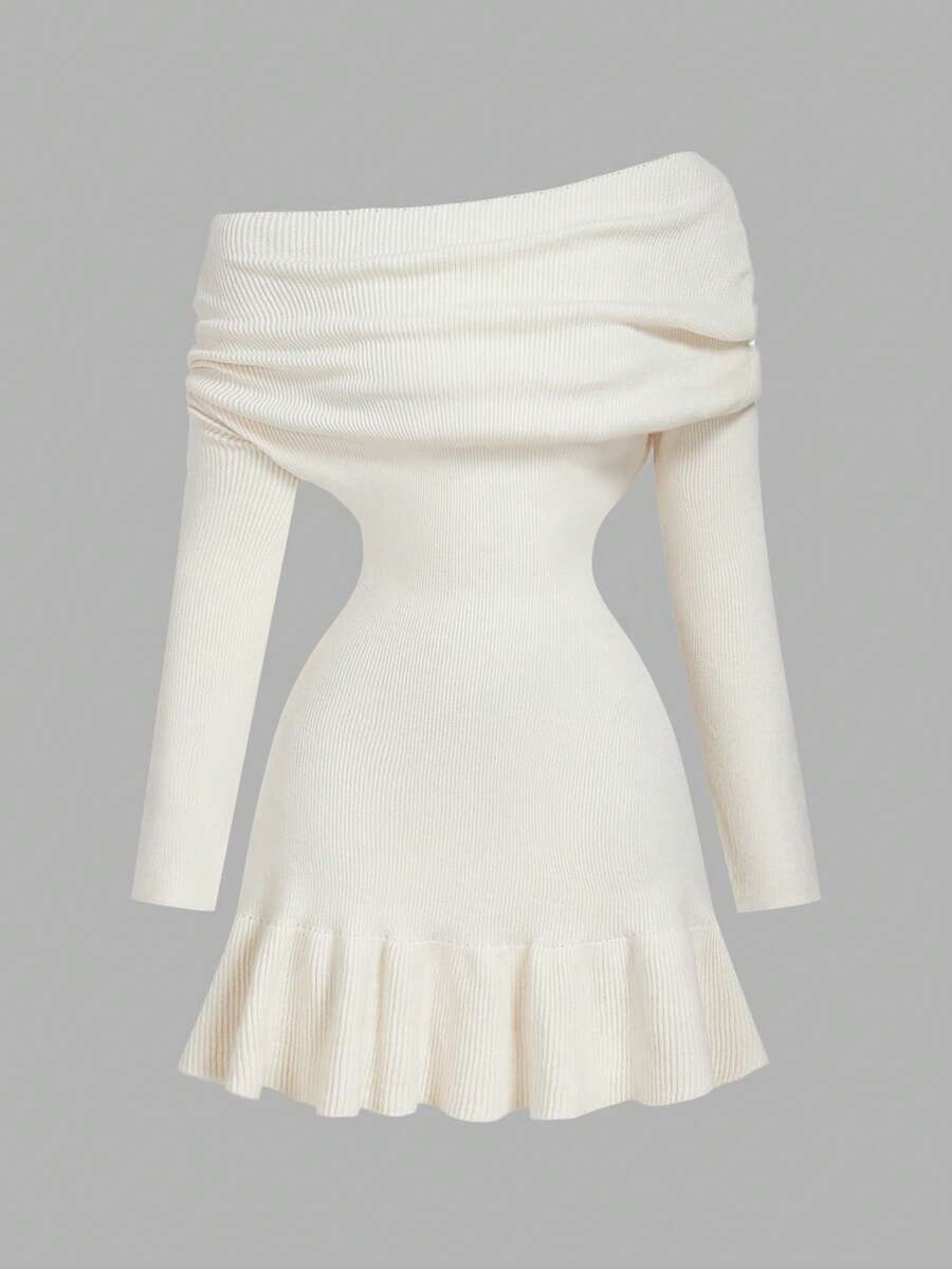 SHEIN MOD 女式杏色露肩针织连衣裙 - 杏色 - 查看 1