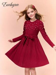 Váy ôm sát cổ tròn tay dài dệt kim đính hạt chải xước thanh lịch & sang trọng dành cho bé gái tuổi teen thích hợp cho các buổi đi chơi, tiệc tùng và dạ tiệc, mùa thu/đông - Màu Đỏ Sâu - Xem 3