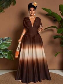 Eryvara Đầm maxi chữ A thắt nơ cổ chữ V họa tiết ombre lãng mạn thanh lịch dành cho nữ, thiết kế đa năng cho các buổi đi chơi, bãi biển, lễ hội âm nhạc, trang phục dự tiệc cưới tốt nghiệp cho khách mời, phong cách công sở thường ngày Boho, thắt nơ eo đàn hồi, du lịch nghỉ dưỡng, váy maxi chữ A mùa xuân/hè/thu - Cà phê - Xem 3