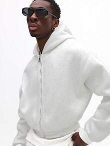 SUMWON Cropped Zip Through Hooded Sweatshirt With Drawstring Hood And Full Front Zipper For Casual Comfort - Light Grey - View 4