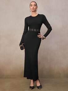 Modelyn Women's Elegant Contrast Lace Slim Fit Long Dress, Spring/Autumn - Black - View 4