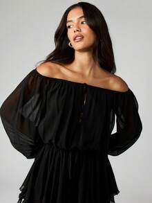 MISSGUIDED Off Shoulder Chiffon Maxi Dress With Belt Ruffle Long Sleeves Black Gothic Festival Wear - Black - View 6