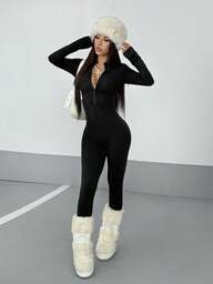 StreetHx Women's Streetwear Solid Color Long Sleeve Half Zip Jumpsuit, Autumn