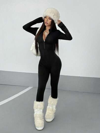 StreetHx Tuta intera a maniche lunghe con mezza chiusura lampo, di colore unito, da donna, per l'autunno