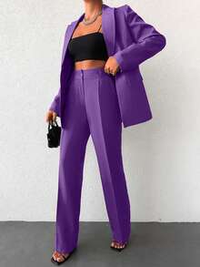 EURMUSE Bộ vest nữ gồm áo blazer tay dài cài khuy đơn màu và quần ống đứng có đường may phía trước - Màu Lilac Tím - Xem 1
