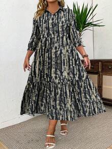 EMERY ROSE Plus Size Women Allover Print 3/4 Sleeve Button Half Placket Ruffle Hem Casual Loose Dress - Multicolor - View 5