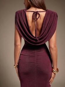 Hauture 女式性感夜场前后围脖领大胆肩部褶饰酒红色连衣裙 - 酒紅色 - 查看 6
