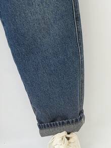 Mirajuku Tween Boys Vintage Washed Jeans-Relaxed Fit, Straight Leg, Slim Tapered Mid-Rise, Stretchy Denim, Casual, Suitable For School, Commute, Parties, Home - Dark Wash - View 6