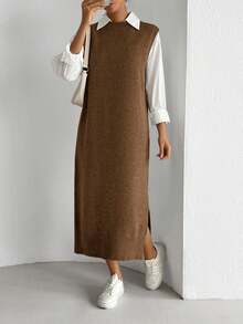 SHEIN LUNE Women's All-Match Versatile Commuter Long Dress - Coffee Brown - View 3