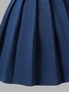 2 peças/Conjunto Moletom com Gola Polo e Saia Plissada para Meninas, Decoração de Bordado da Moda, Adequado para Uso Diário, Viagem, Volta às Aulas, Outono - Azul marinho - Visão 5