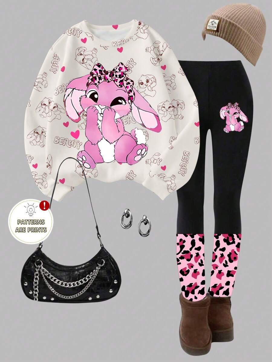SHEIN Tween Girls Cute Leopard Print Bowknot Pink Rabbit Round Neck Sweatshirt With Leopard Print Patchwork High Elastic Leggings Casual 2 Pieces Set - Multicolor - View 1