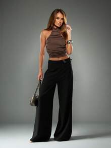 MISSGUIDED High Waisted Wide Leg Trousers With Buckle Belt Detail For Office Casual Wear